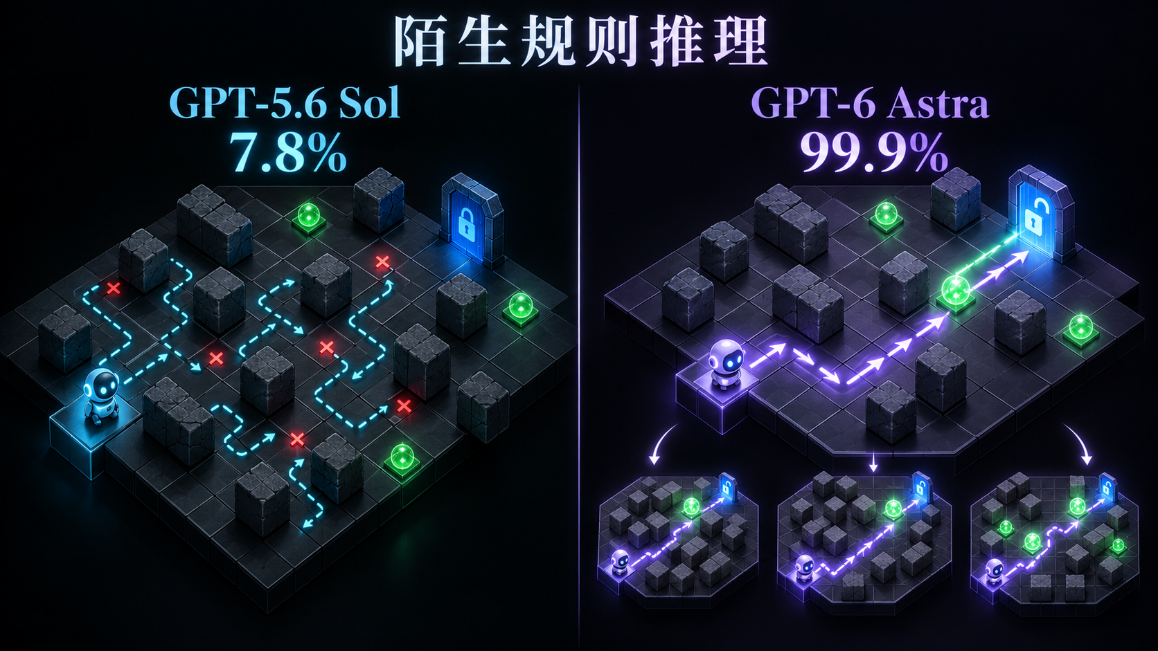 GPT-5.6 Sol 与 GPT-6 Astra 陌生规则推理对比图