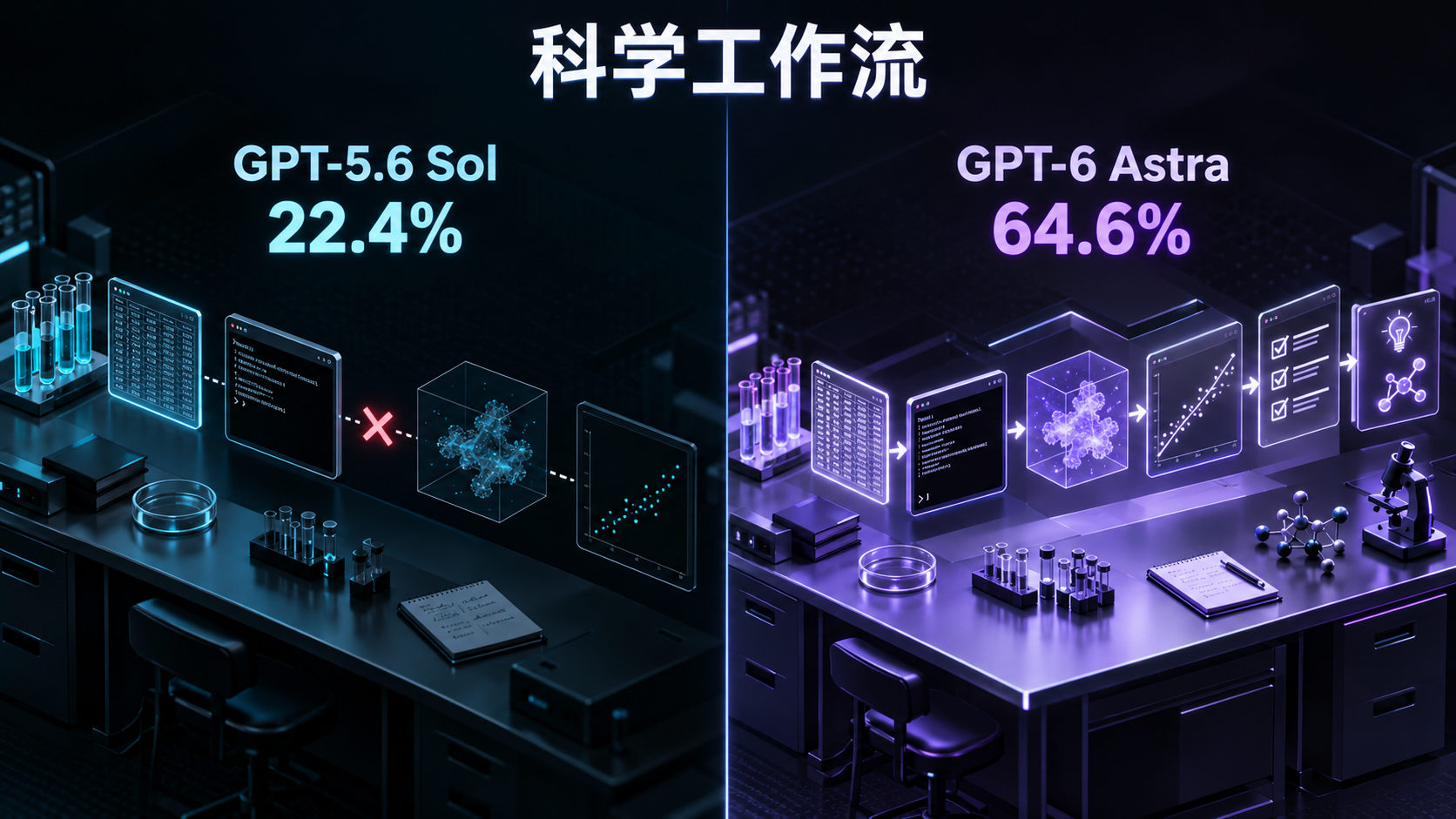 GPT-5.6 Sol 与 GPT-6 Astra 科学工作流对比图