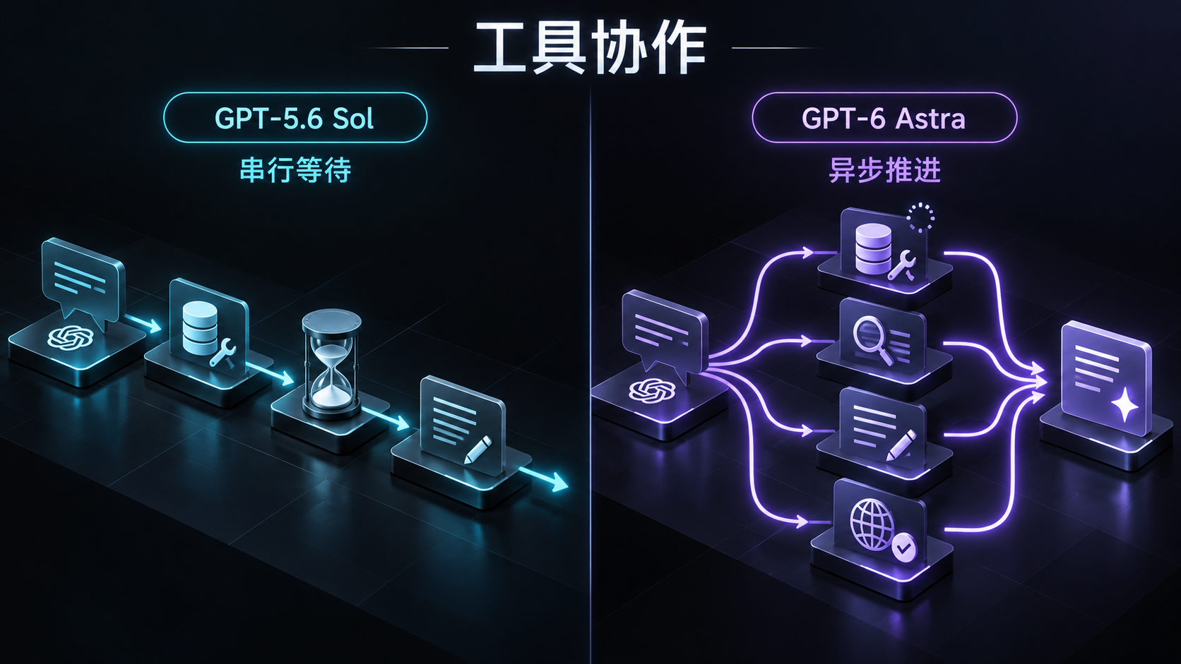 GPT-5.6 Sol 串行工具与 GPT-6 Astra 异步工具对比图
