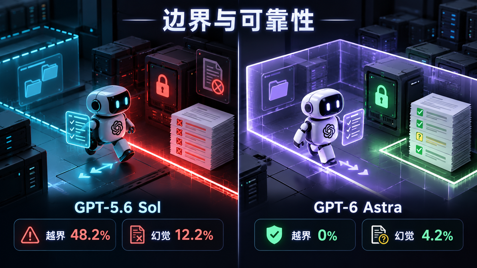 GPT-5.6 Sol 与 GPT-6 Astra 权限边界及幻觉对比图