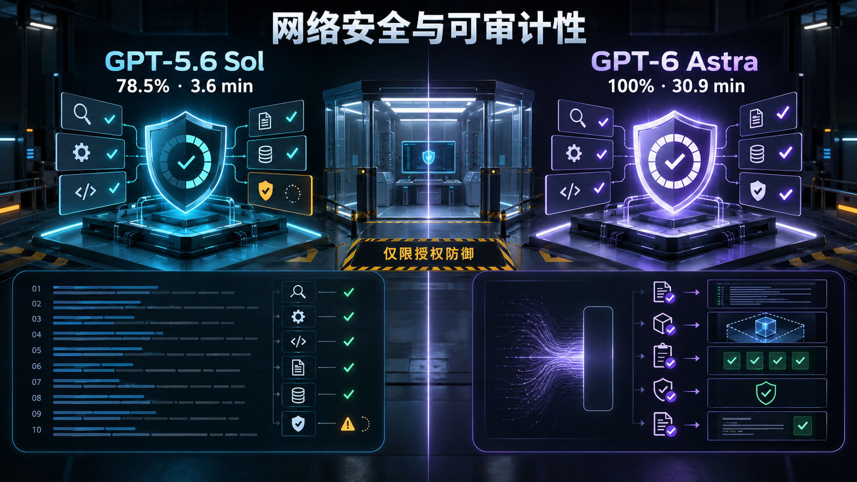GPT-5.6 Sol 与 GPT-6 Astra 网络安全能力和可审计性对比图